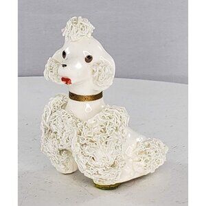 Vintage Spaghetti Poodle Dog White Figurine Sitting Gold Collar MCM